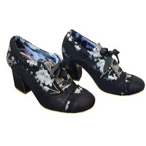 Irregular Choice Quince Dark Florals Black Silver Mixed Print Lace Up Block Heel